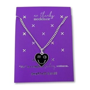 No Smiley Face Heart Necklace 18" + 2" Extender Silver Tone